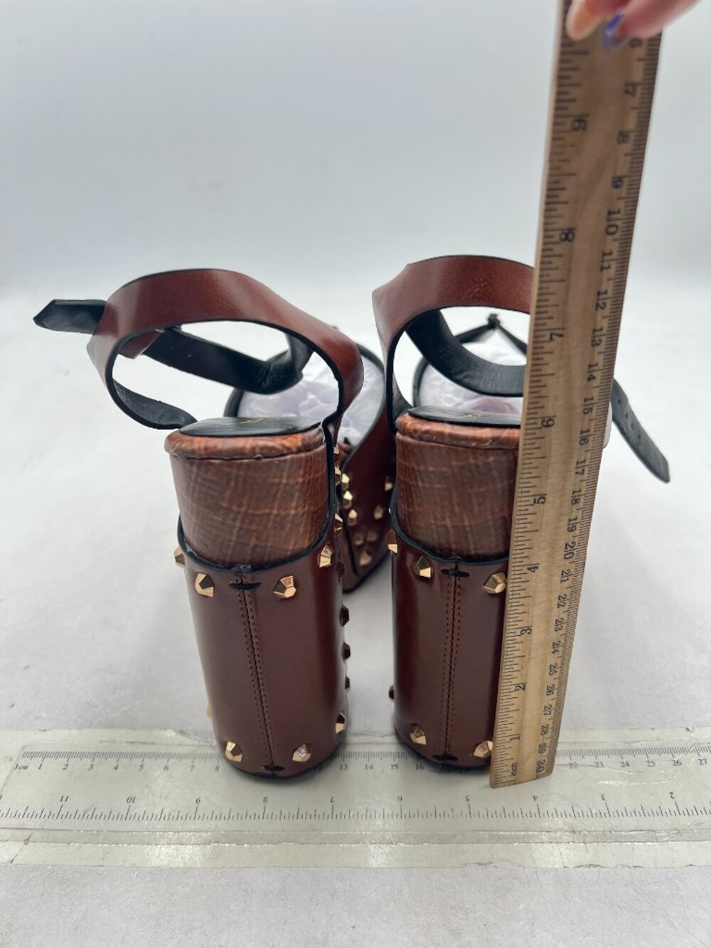 XYD Brown Wooden Block Chunky Heeled Platform Bronzed Studs Open Toe Sandals - Picture 5 of 8